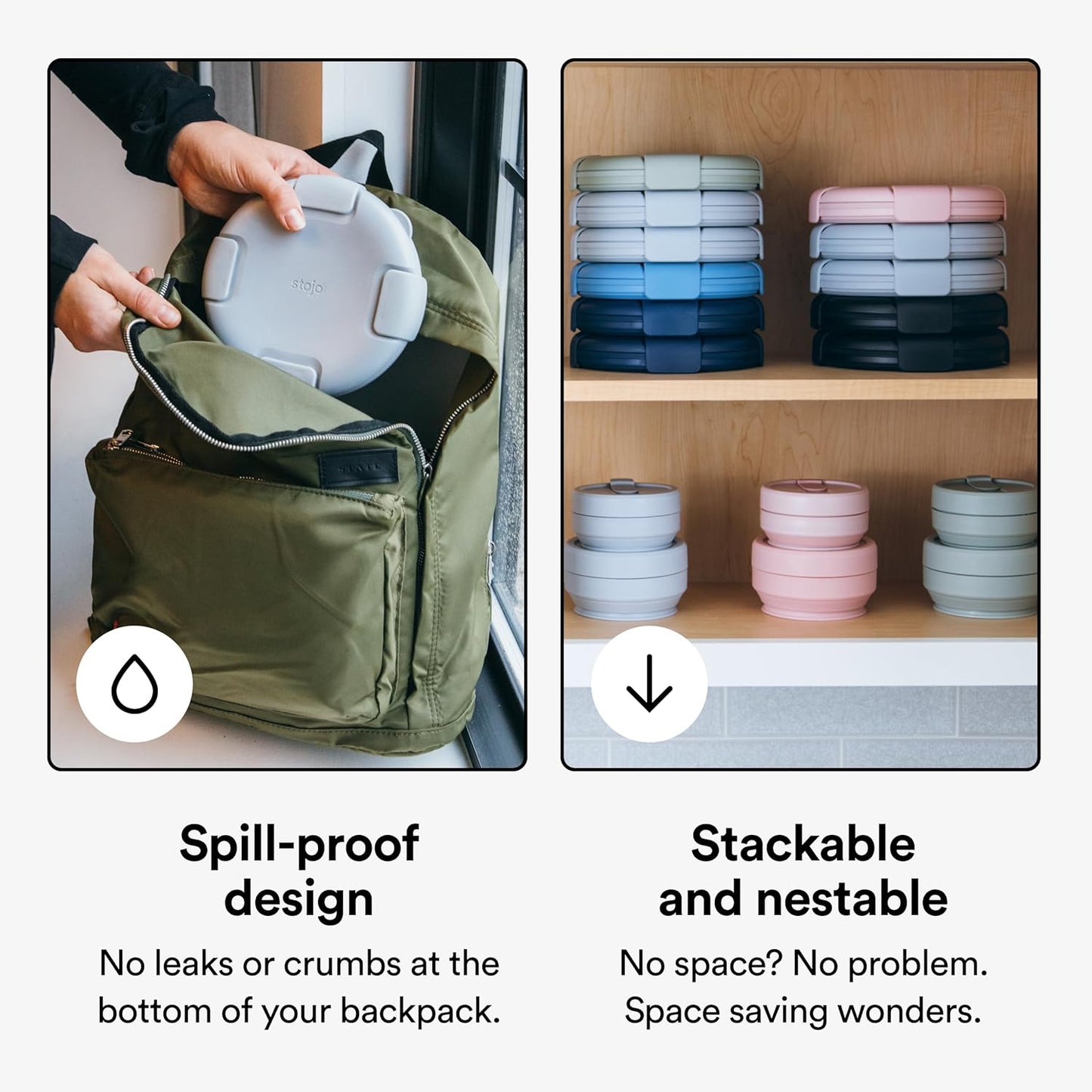STOJO Collapsible Bowl 5 Set - Eucalyptus, 36oz - Reusable Silicone Bowl for Hot and Cold Food - Perfect for Travel, Meal Prep, To-Go Lunch, Camping & Hiking - Microwave & Dishwasher Safe