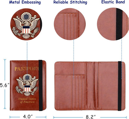 TOURSUIT RFID Blocking Passport Holder for Women Men, Leather Passport Travel Wallet with Metal 3D Metal Badge, Travel Document Holder Cover Accessories (Brown)
