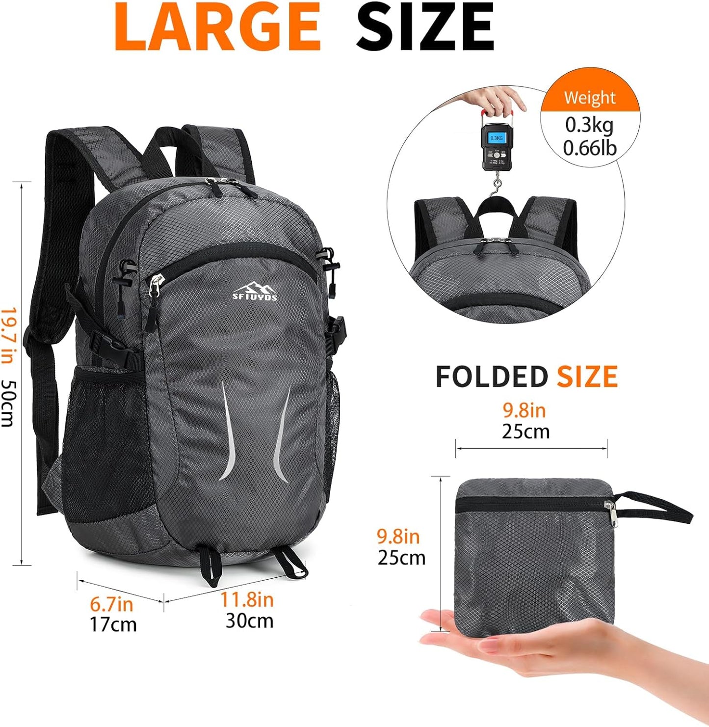 Hiking Daypack,30L Waterproof Hiking Backpack Packable Lightweight Travel Day Pack for Women Men (Grey, Large)