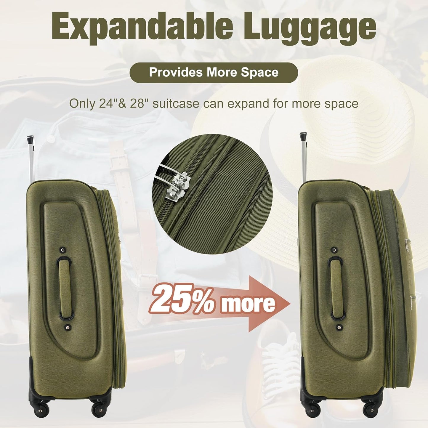 Merax Softside Luggage Set Softshell Lightweight 3 Piece Spinner Suitcase 22" 26" 30" Army Green