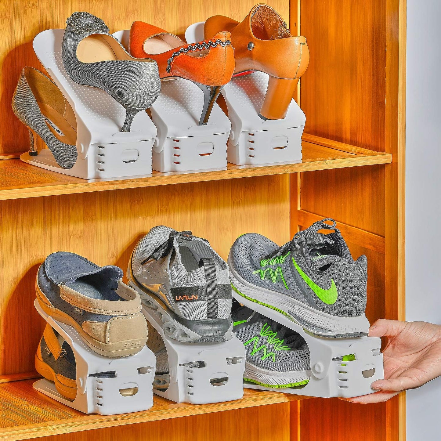 Shoe Slots Organizer, 20PCS Adjustable Double Layer Stack Shoe Rack, 50% Space-Saving Storage Rack Holder, White
