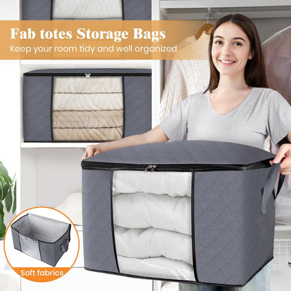 Fab totes 24 Gallons Clothes Storage, Foldable Thick Fabric Blanket Storage Bags, Containers for Organizing Bedroom, Closet, Clothing, Comforter, Organization with Handle (3 Pack,Grey)