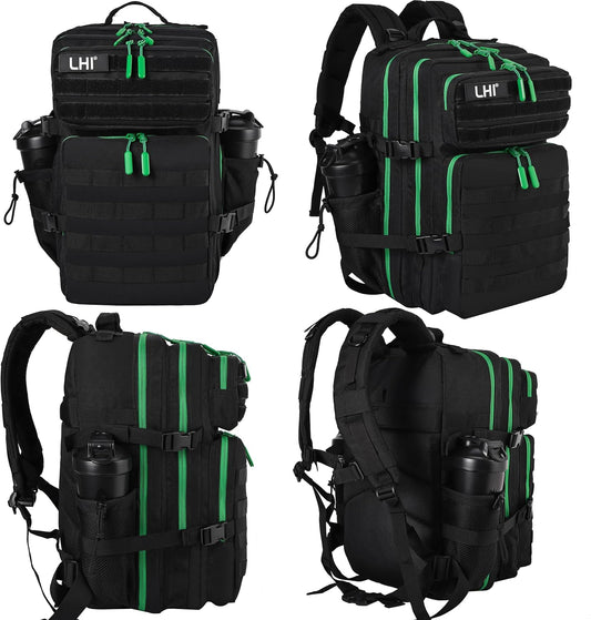 LHI Military Tactical Backpack for Men and Women 45L Army 3 Days Assault Pack Bag Large Rucksack with Molle System - Black with green zipper