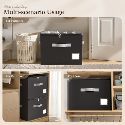 Criusia Shoe Organizer for Closet, Foldable Shoe Storage Organizer with Clear Cover and Sturdy Handles, Fit 12-16 Pairs, Closet Organizer for Shoes Sneakers Sandals Heels, 2 Pack, Black