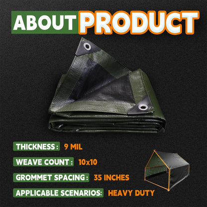 7x10 Feet Tarp Waterproof,9Mil Thick,Finished Size Tarps,UV Resistant,Durable,Multipurpose Poly Tarp Cover with Metal Grommets and Reinforced Edges,Green/Black by RAINDEWAY