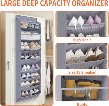 FENTEC 1 Pack Over The Door Shoe Organizer,68" Exlarge Deep Pockets Hanging Shoe Organizers, 8 Shelves Shoe Rack for Closet, Shoe Holder for Boots,Over Door Organizer in Home, RV, Dorm, Grey