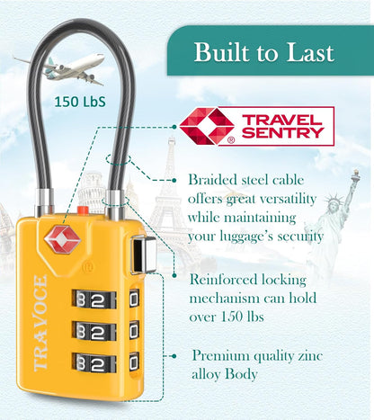 Search Alert TSA Approved Travel Combination Luggage Cable Locks for Suitcase, Gym Locker,Toolbox,Backpack 1,2,4,6 &10 pk (Yellow 2 Pack)