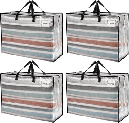 VENO 4 Pack Heavy Duty Moving Bags, Storage Bags, Packing Supplies, Top Zipper, Storage Totes for Camping, Clothes, Bedding, Comforters, Pillows (27 Gallon Clear, 4 Pack)