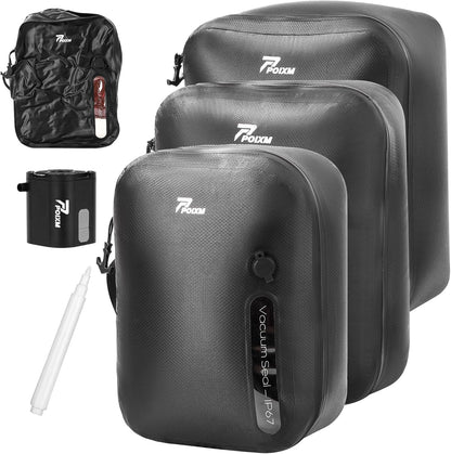 Vacuum Bags for Travel with Wireless Pump, 180° Open Zipper, IP67 Waterproof, Reusable Space Saver Compression Bags for Backpack, Suitcase, Home Storage(3 Pack + Pump)