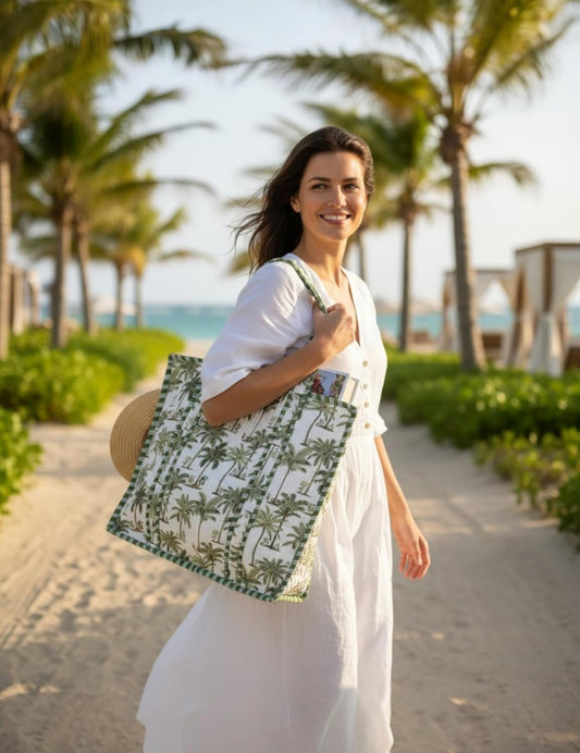 Cotton Quilted Tote Bag for Women – Large Beach & Travel Tote with Zipper, Reusable Grocery Bag