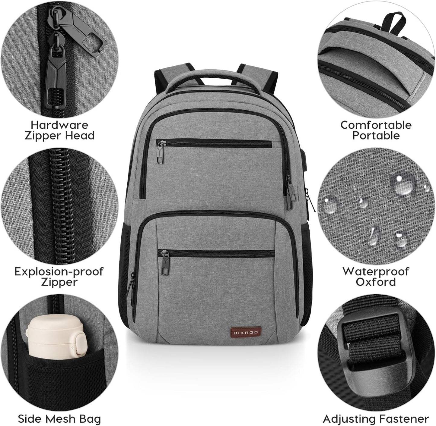 BIKROD Backpack for Men and Women, School Backpacks Water Resistant Back Pack with USB Charging Port, TSA Travel Backpack, Business Anti Theft Sturdy Computer Bag Gifts Fits 17.3 Inch Laptop, Grey