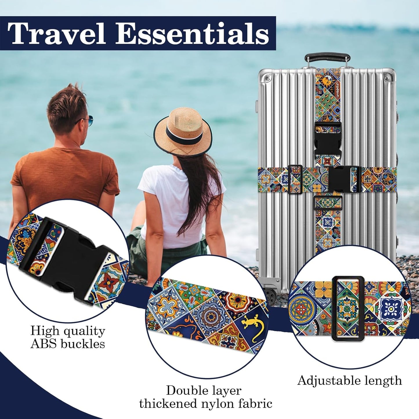 Boho Luggage Straps for Suitcases TSA Approved, Luggage Identifiers for Suitcase, Adjustable Suitcase Strap for Baggage Security with Cute Patten, Travel Necessary Accessories (2Pack)