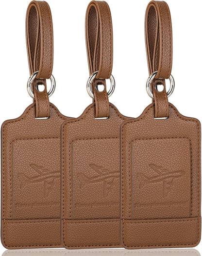 Teskyer Luggage Tags, 3 Pack Premium PU Leather Luggage Tags for Suitcases, Privacy Protection Travel Bag Tags, Lichee Coffee