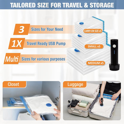 Travel Vacuum Storage Bags with Electric Pump, 15 Combo Travel Packing Bags for Luggage and Suitcase, Carry-on Size Compression Space Saver for Clothes and Clothing
