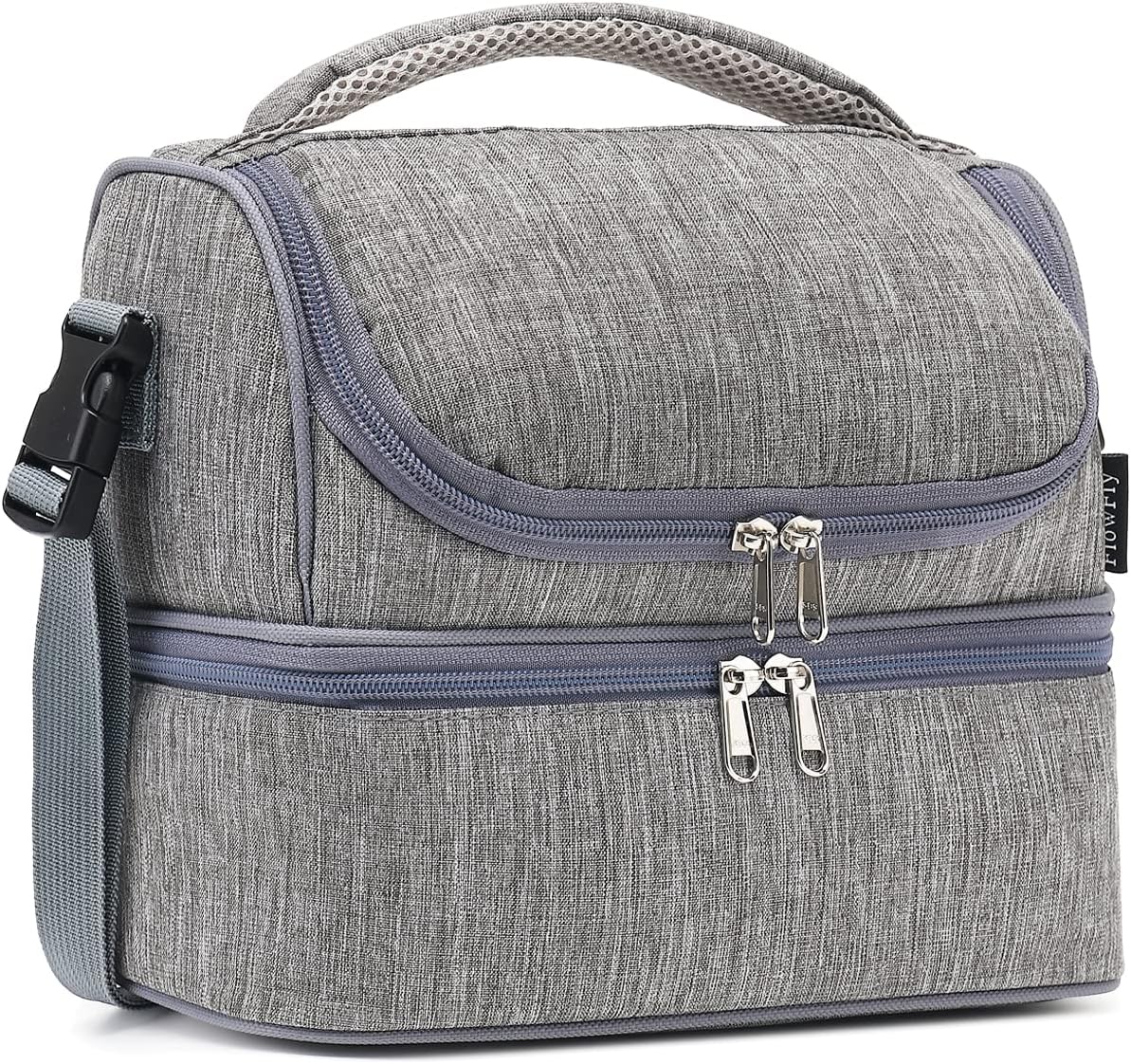 FlowFly Double Decker Cooler Insulated Lunch Bag Large Tote for Boys, Girls, Men, Women, With Adjustable Strap (Grey)