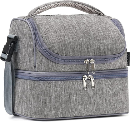 FlowFly Double Decker Cooler Insulated Lunch Bag Large Tote for Boys, Girls, Men, Women, With Adjustable Strap (Grey)