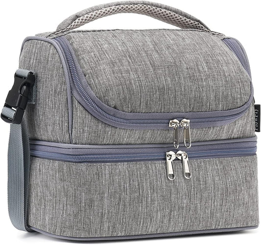 FlowFly Double Decker Cooler Insulated Lunch Bag Large Tote for Boys, Girls, Men, Women, With Adjustable Strap (Grey)