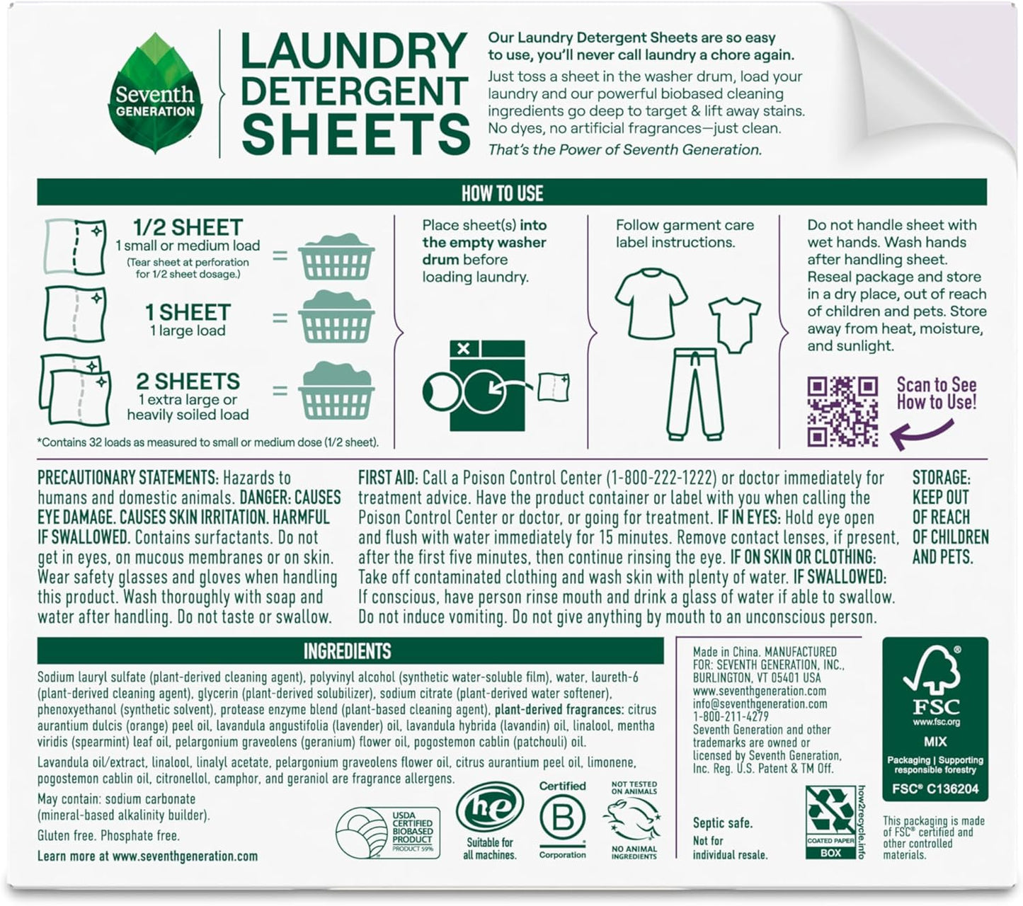 Seventh Generation Laundry Detergent Sheets, Up to 64 Loads, Fresh Lavender Scent, Removes Tough Stains, 0% Dyes and Artificial Fragrances, Safer for your family