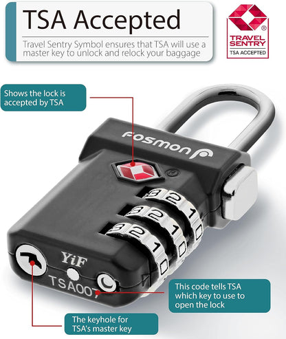 Fosmon TSA Accepted Luggage Locks, (4 Pack) Open Alert Indicator 3 Digit Combination Padlock Codes with Alloy Body and Release Button for Travel Bag, Suit Case & Luggage - Black