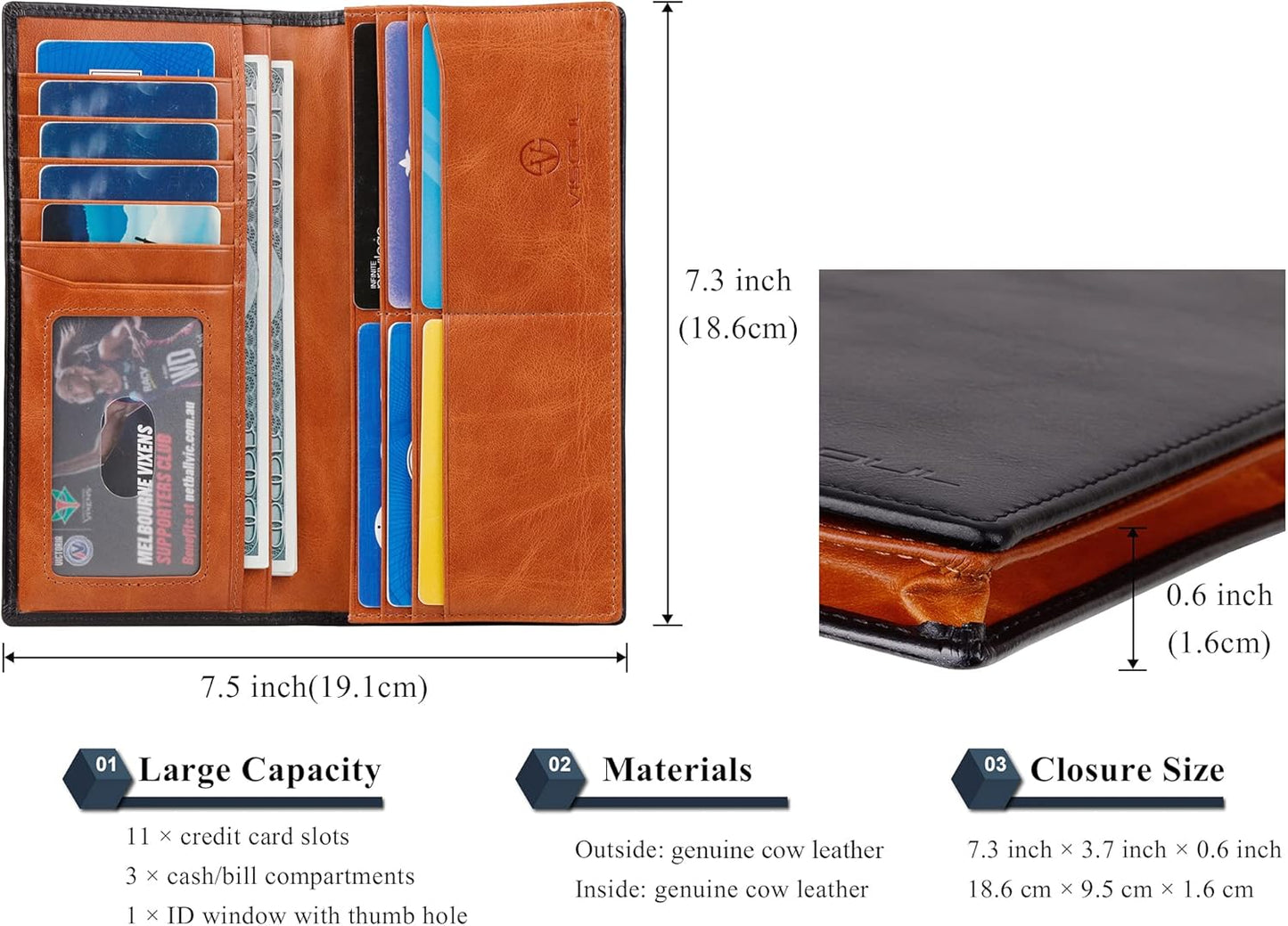 VISOUL Mens Leather Long Bi-fold Checkbook RFID Blocking Wallets, Breast Pocket Tall Billfold Secretary Wallet for Men with 12 Card Slots (Black and Orange)