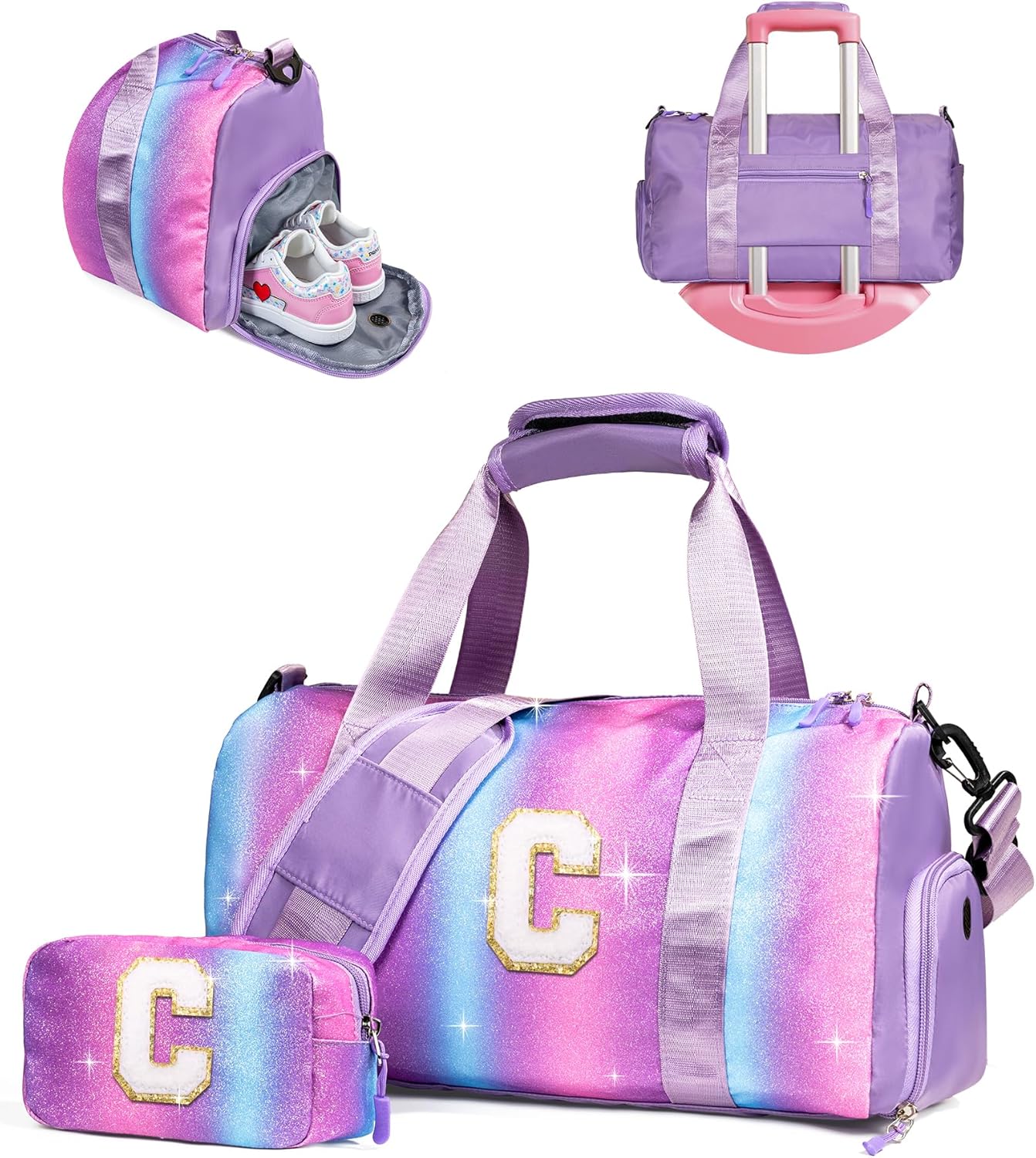 Granddaughter Gift from Grandmom-Girl Gym Bag with Shoe Compartment, Kid Personalized Weekender Ballet Bags, Initial Travel Tote with Makeup Pouch, Easter Gifts for Teen (Letter C)