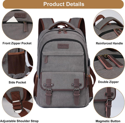 Mactso Canvas Travel Laptop Backpack for Men Women, Business Work Rucksack College Computer Bag Fits 17.3 Inch Notebook,Bookbag with USB Charging Port (Grey, 17.3 Inch)