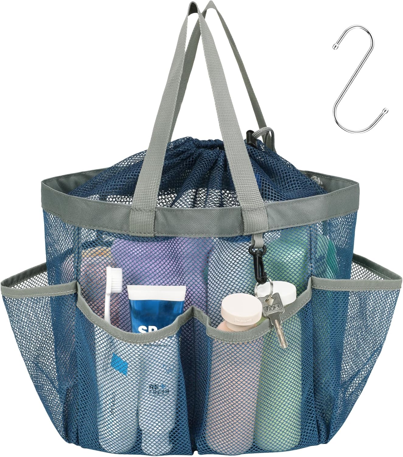 F-color Mesh Shower Caddy Portable with Drawstring - Upgrade Deeper 7 Pockets Dorm Room Essentials for Guys Girls with S Hook, Shower Bag Basket Tote for College Camping Toiletry Bathroom, Blue