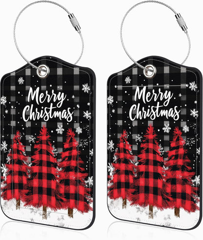 2 Pack Luggage Tags for Suitcases Red and Black Checkered Christmas Tree Leather Luggage Tags Privacy Cover ID Label with Stainless Steel Loop and Address Card for Women Men Travel Bag Backpack