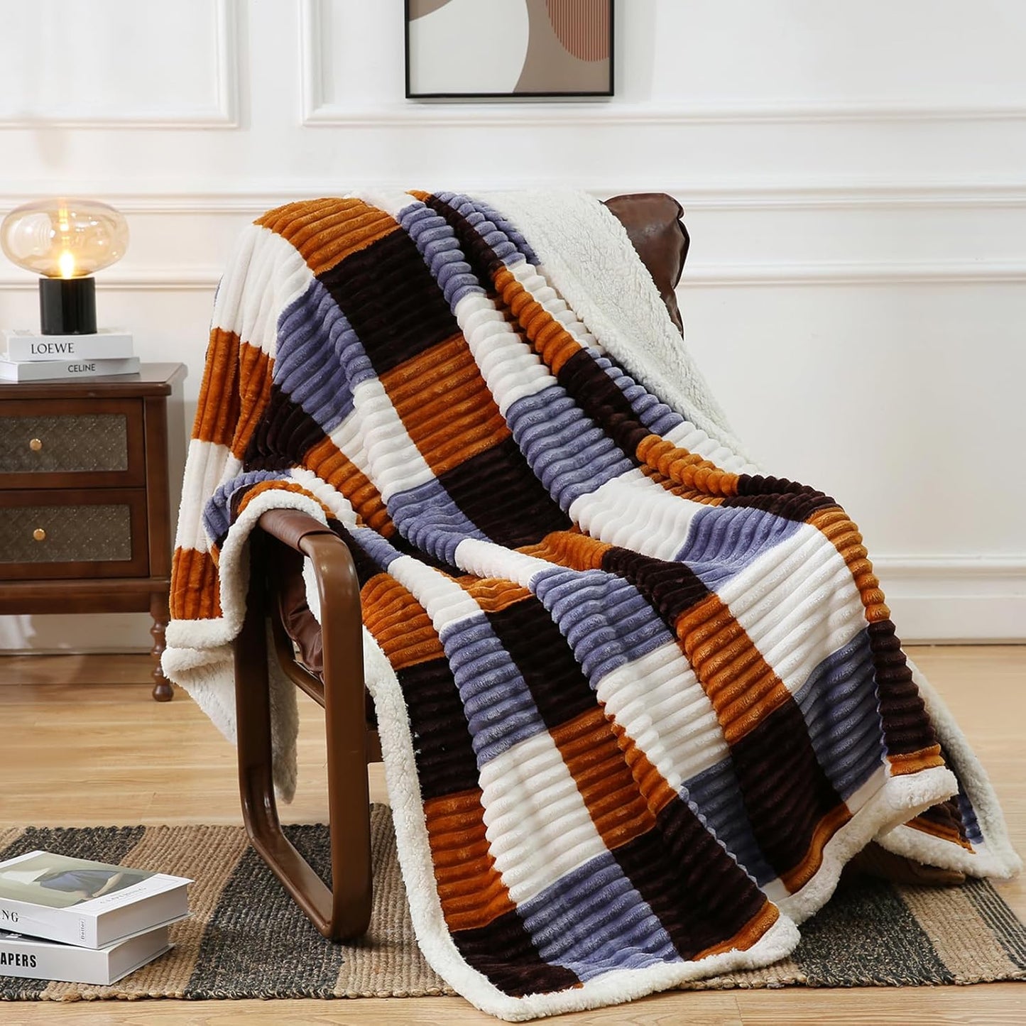 PU MEI Sherpa Blanket Twin Plaid Thick Bed Blanket, 60”*80” Super Soft Flannel Fuzzy Fleece Reversible Velvet Plush Warm Blanket for Couch (Brown Orange Check)