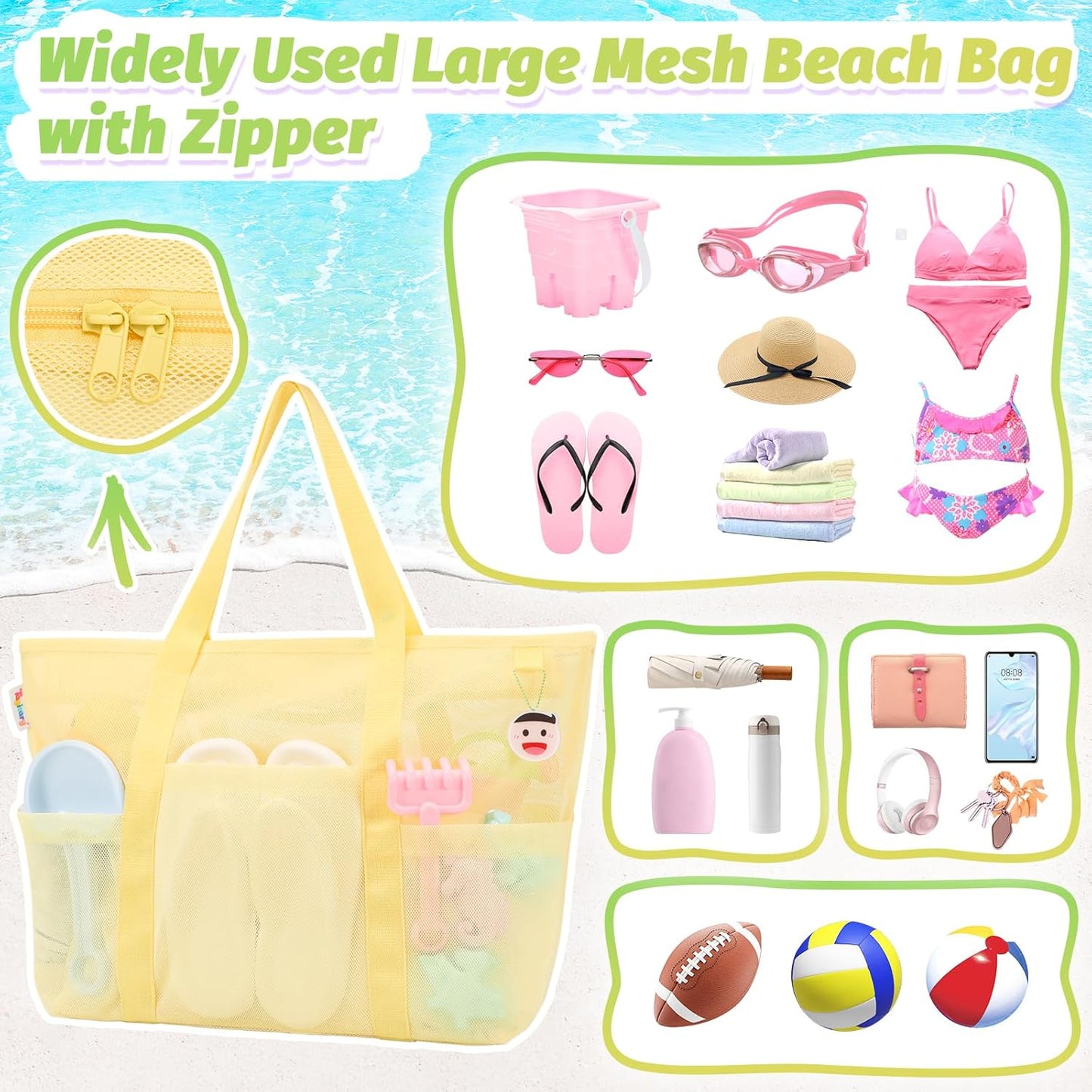 Tagitary Mesh Beach Bag with Zipper Large Beach Tote Waterproof Sandproof with 8 Pockets for Toys Pool Bag Beach Accessories