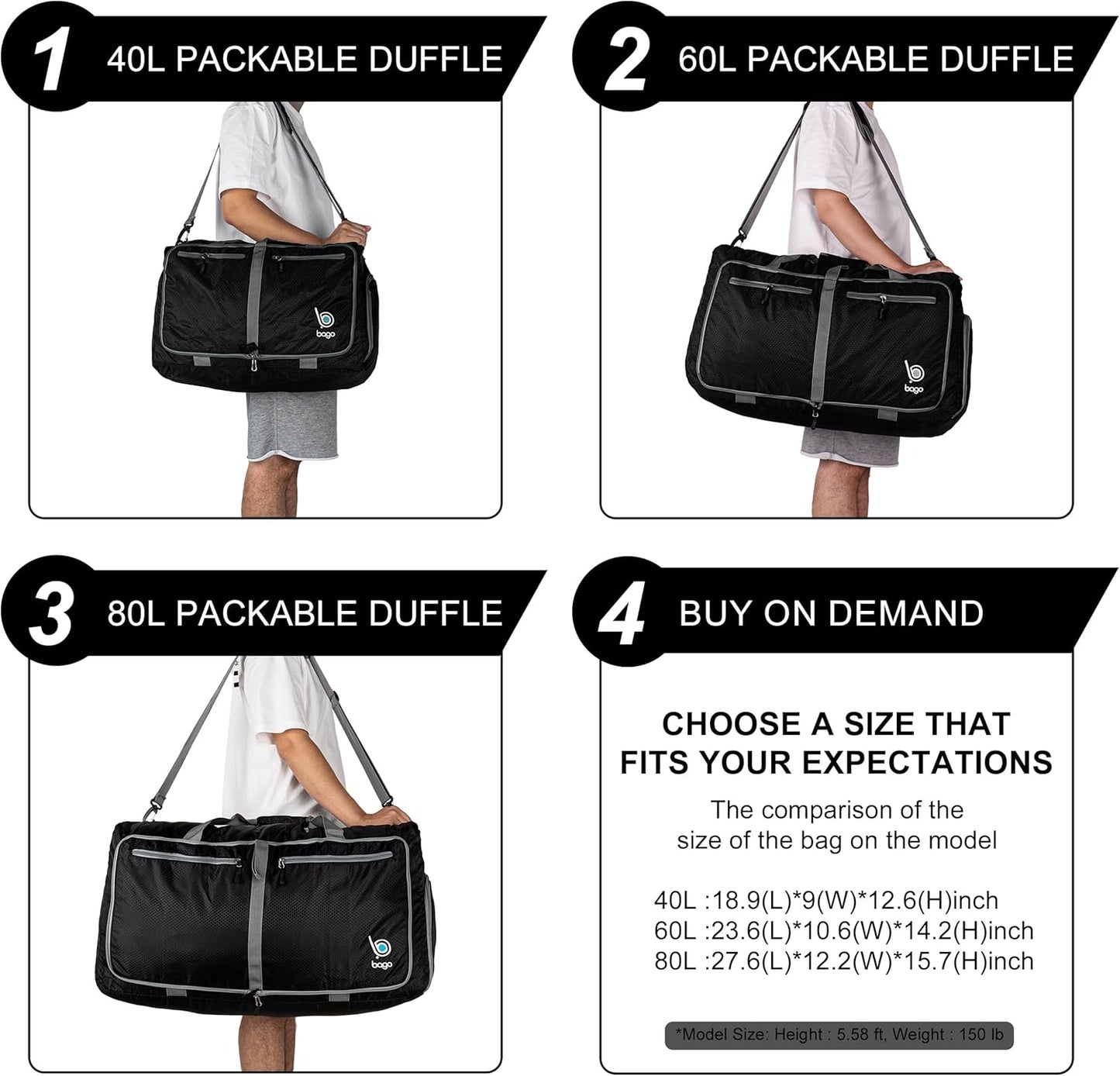 Bago Foldable Duffel Bags for Traveling Women & Men - 40L Sports Packable Duffle Bag for Travel with Shoe Compartment - Water Repellant, Heavy Duty, Lightweight Folding & Collapsible (SnowBlue)