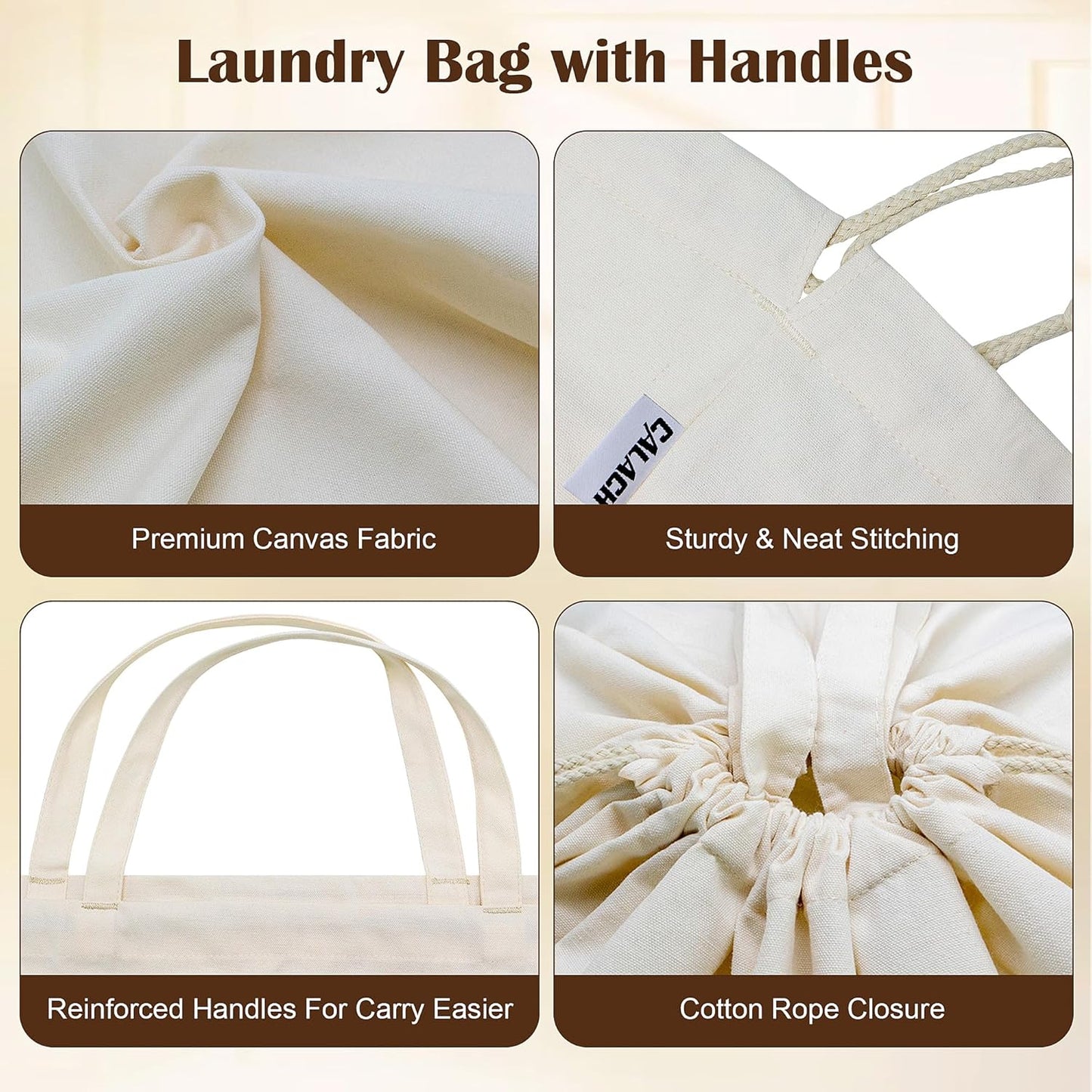 Canvas Laundry Bags with Handles & Square Base 13.8"x 13.8", Large Heavy Duty Laundry Basket Hamper Liner, College Dorm Washable Drawstring Cotton Dirty Clothes Bag (Beige,1 Pack)