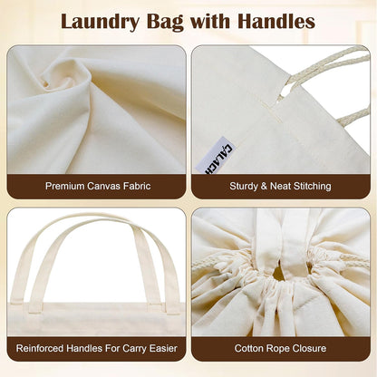 Canvas Laundry Bags 18x18in with Handles & Square Base, Extra Large Heavy Duty Laundry Basket Hamper Liner, Washable Drawstring Dirty Clothes Bag Canvas Storage Sack (Beige XL,1 Pack)