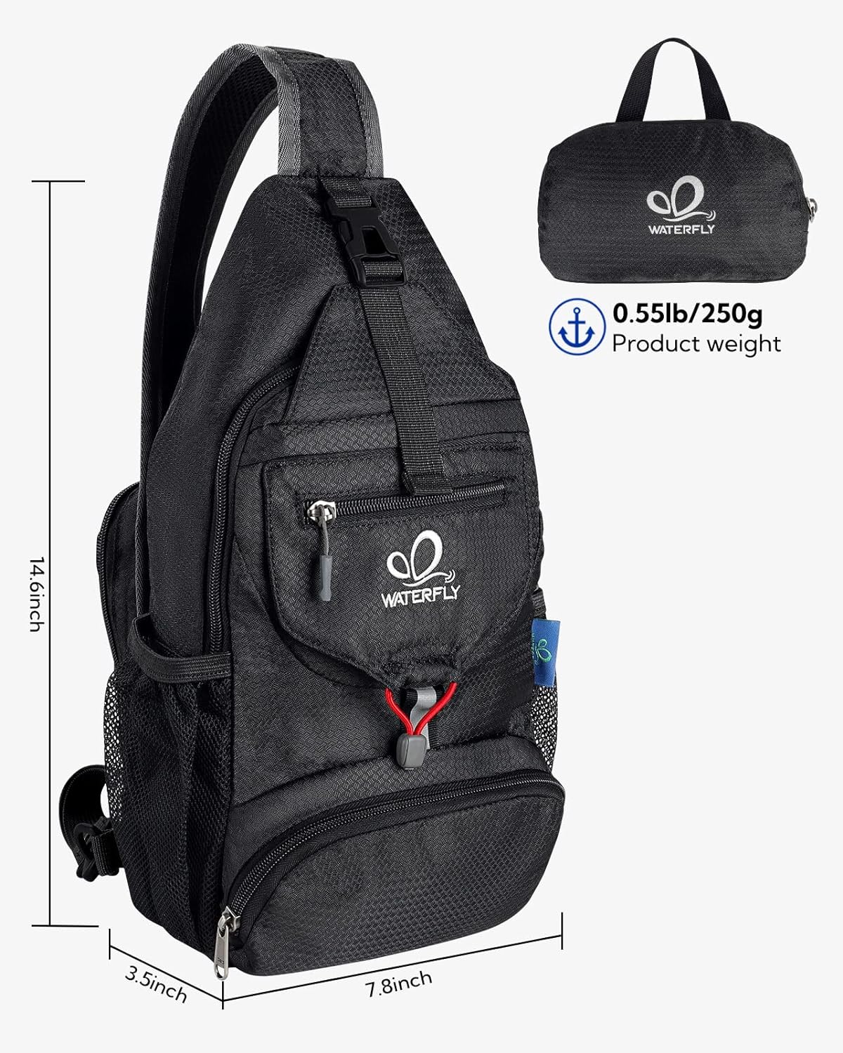 WATERFLY Packable Small Crossbody Sling Backpack Shoulder Chest Bag Daypack for Hiking Traveling