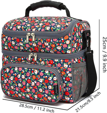 FlowFly Double Layer Cooler Insulated Lunch Bag Adult Lunch Box Large Tote Bag for Men, Women, With Adjustable Strap,Front Pocket and Dual Large Mesh Side Pockets