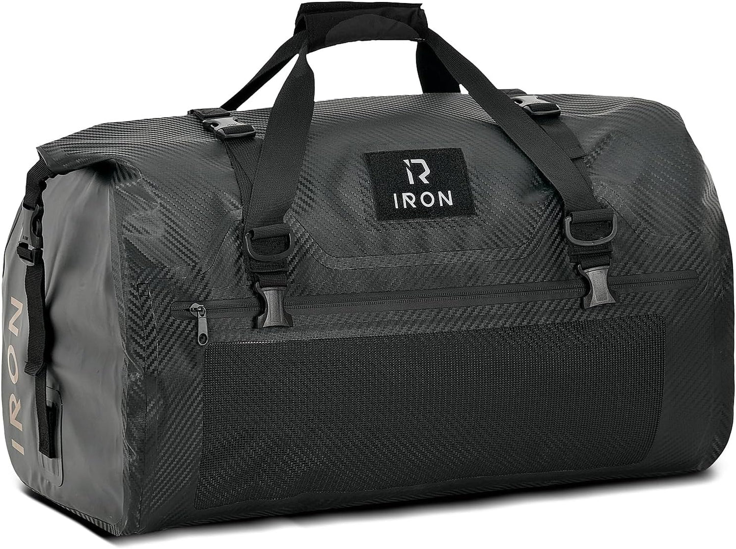 IRON JIA'S Motorcycle Dry Bag - Waterproof Duffle & Luggage Tail Bag Saddle Bags with Roll Top Closure, Shoulder Straps, Inner Pocket and Mesh Pocket (Carbon Fiber, 70L)