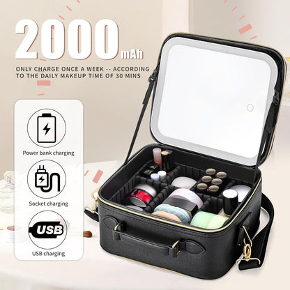 Travel Makeup Bag with Light Up Mirror, Cosmetic Artist Organizer Case with LED Mirror, Travel Makeup Case for Cosmetic Brush Holder Storage, Toiletry Case for Women Gift