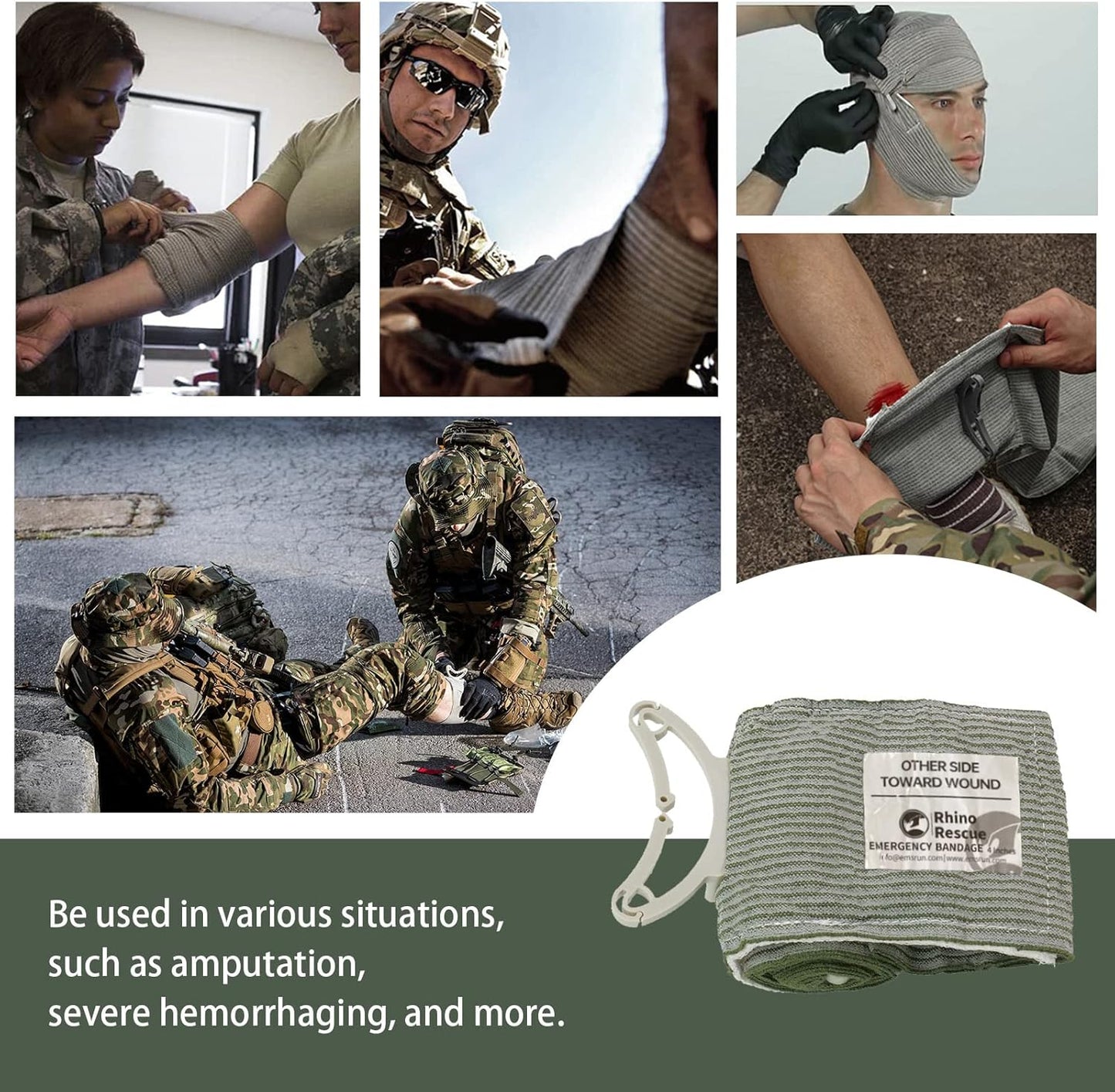 RHINO RESCUE 6" Israeli Style Emergency Bandage, Compression Trauma Wound Dressing, Medical Sterile Vacuum Sealed, Combat Tactical First Aid Kit IFAK Supplies, 5 Count