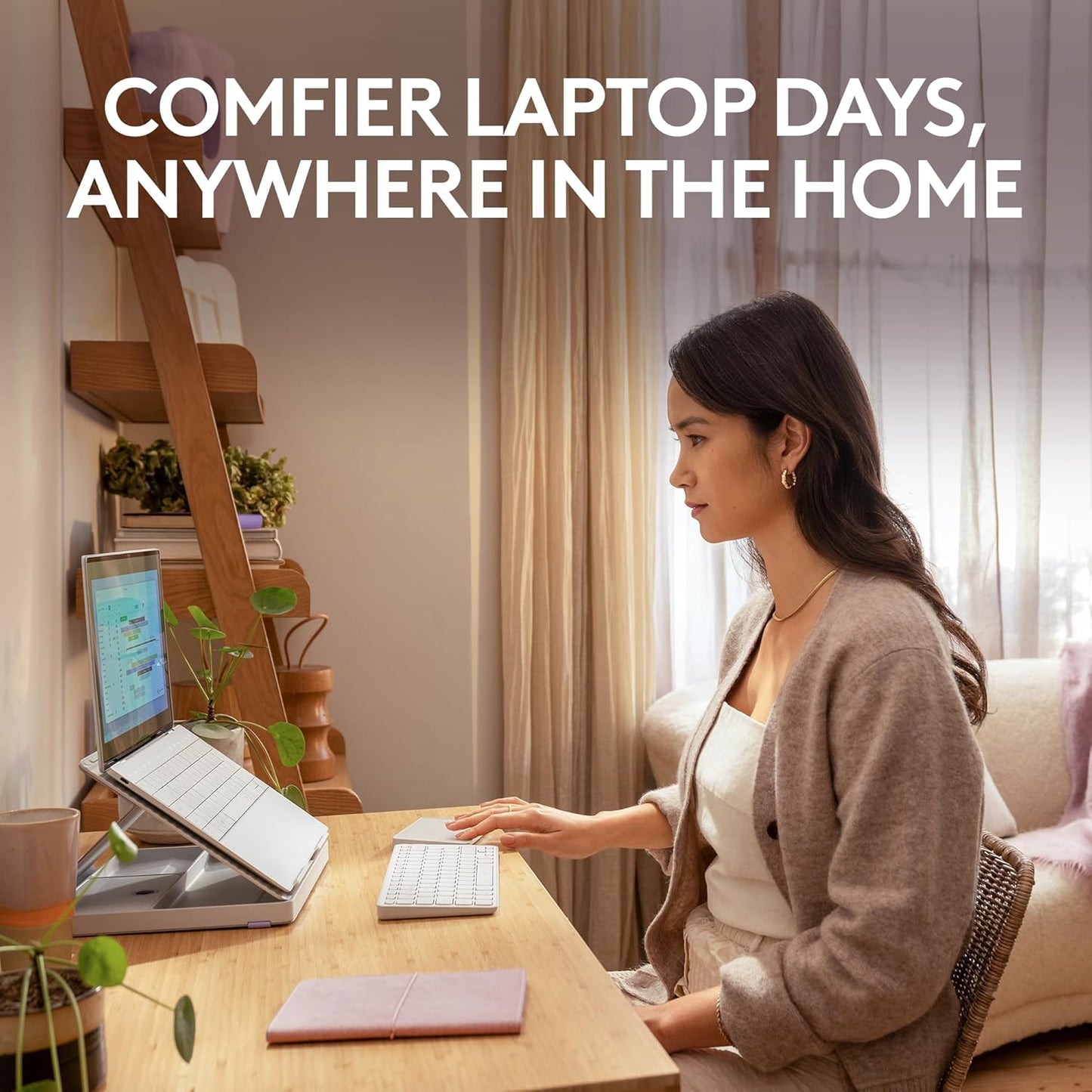 Logitech Casa Pop Up Desk Kit - Adjustable Laptop Stand for Desk, Wireless Keyboard & Touchpad, Bluetooth, USB C Charging, Nordic Calm, Tan/Purpl