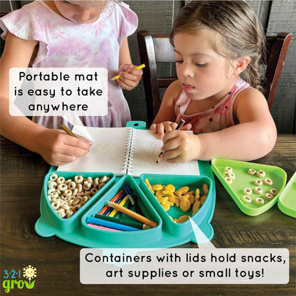 On-The-Go Snack Mat – Baby Silicone Travel Dining Placemat – Portable Silicone Toddler Plate – Reusable Snack Container with 3 Compartments and Lids for 6 Months + (Aqua)