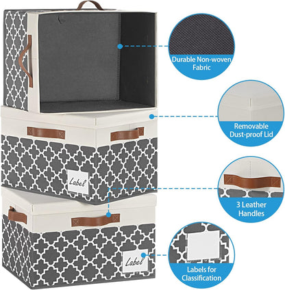 GhvyenntteS Large Fabric Storage Bins with Lids (3 Pack), Foldable Decorative Storage Boxes with Lids and 3 Handles, Sturdy Storage Baskets with Label Window for Home Office (White&Lattice Grey)