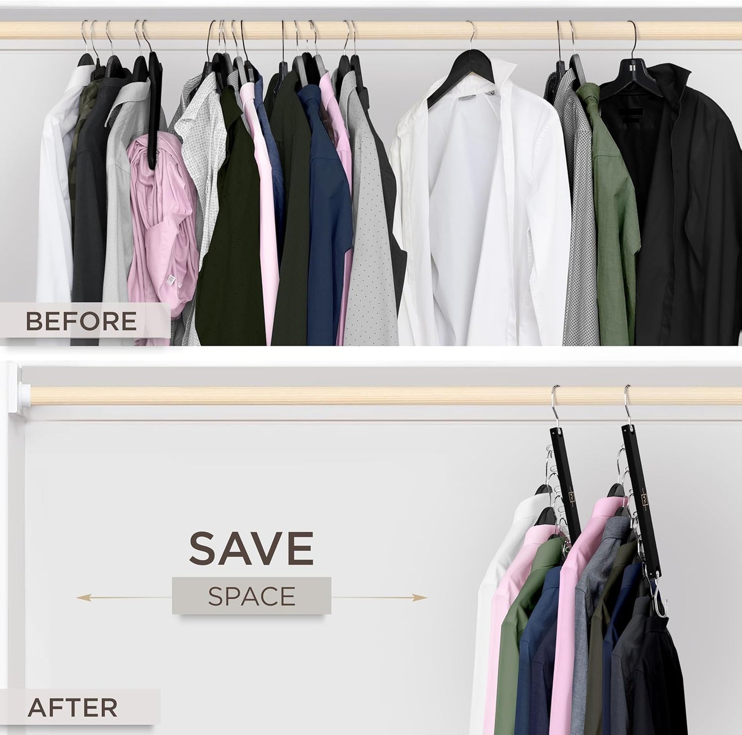 MORALVE Space Saving Hangers for Closet – 4 Pack European Beechwood 6-Tier Shirt Organizer with 360° Swivel Hook – Collapsible Clothes Hanger for Closet Organization (Hangers Not Included)