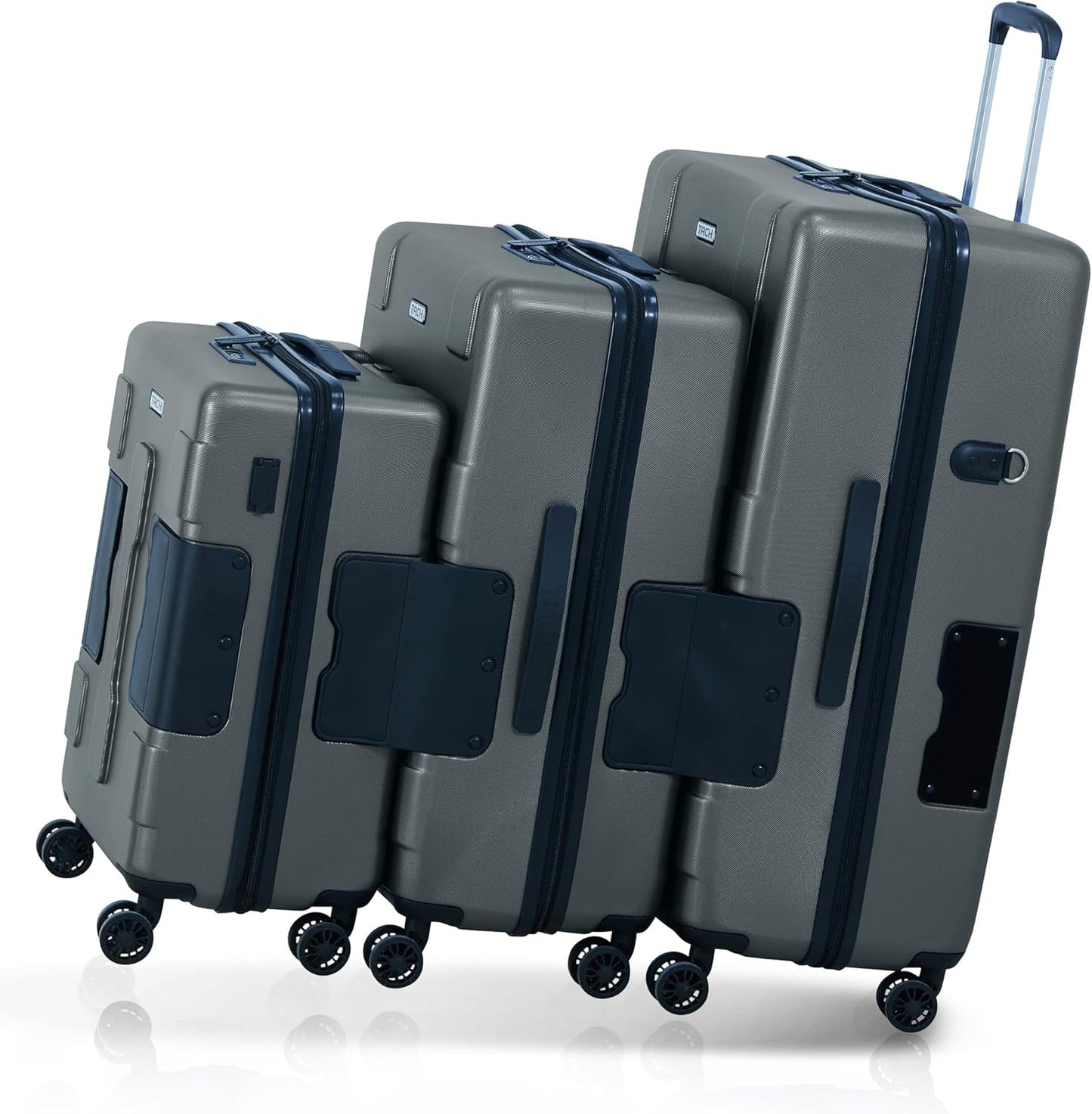 Tach V3.1 Hard Shell 3 Piece Luggage Set - 20, 24 & 28 inch Luggage | Carry On, Medium & Large Checked Suitcases | Patented Built-In Connecting System | Rolling Suitcase Links 6 Bags (Grey)