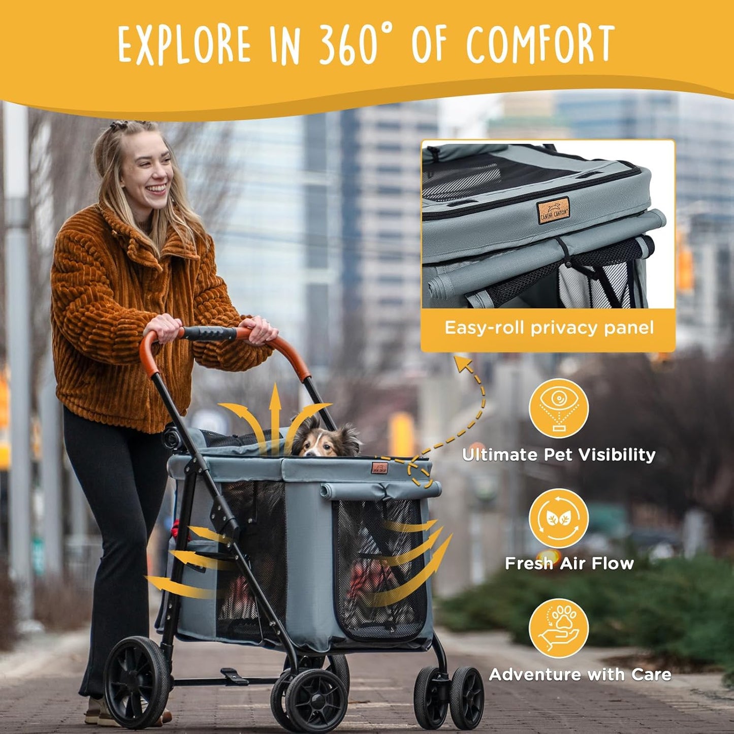 Scout Pet Stroller, 4-Wheel Design for Small/Medium Dogs - One-Button Fold, Adjustable Mesh Windows & Shades, 360° Swivel Front Wheels, Rear Wheel Brake for Safety