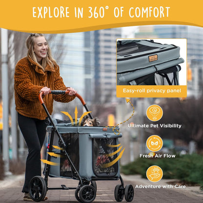 Scout Pet Stroller, 4-Wheel Design for Small/Medium Dogs - One-Button Fold, Adjustable Mesh Windows & Shades, 360° Swivel Front Wheels, Rear Wheel Brake for Safety