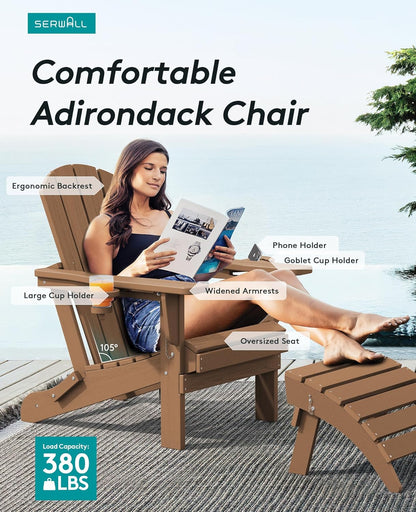 SERWALL Adirondack Chair with Cup Holders - Composite Adirondack Chairs HDPE Outdoor Chairs All Weather Use- Brown