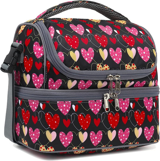 FlowFly Double Decker Cooler Insulated Lunch Bag Large Tote for Boys, Girls, Men, Women, With Adjustable Strap,Heart