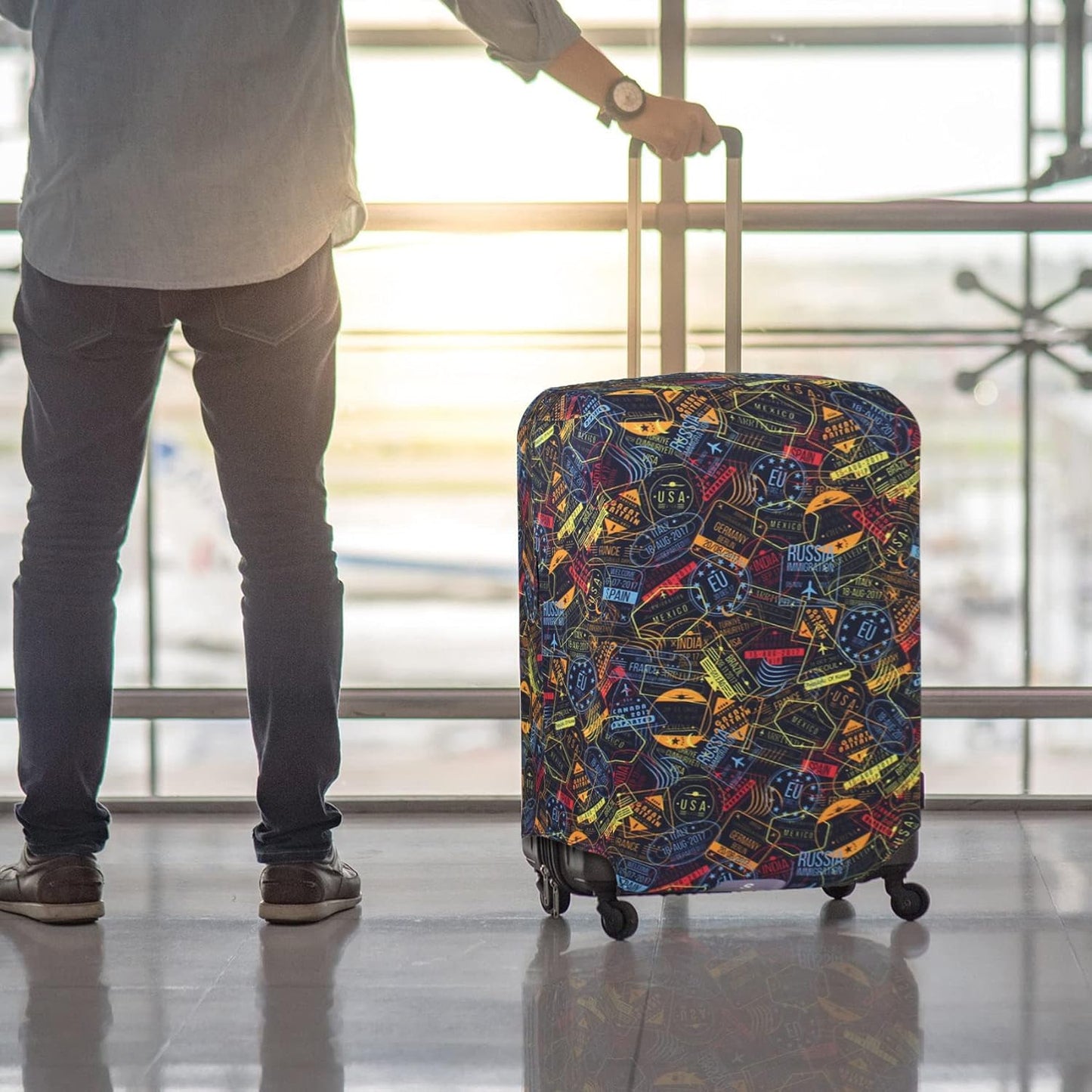 Explore Land Travel Luggage Cover Suitcase Protector Fits 23-26 Inch Case (Stamp, M)