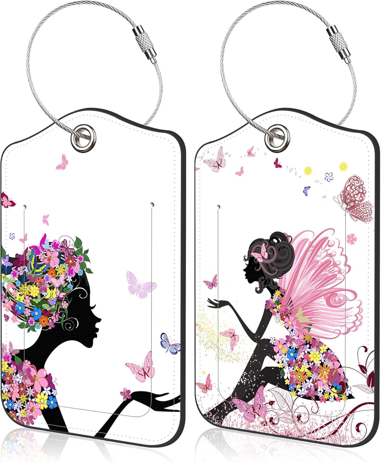 Set of 2 Luggage Tags for Suitcase Flower Fairy and Butterflies Leather Baggage Tags Set with Stainless Steel Loop Name Address Labels Privacy Cover for Men Women Travel Bag Suitcase