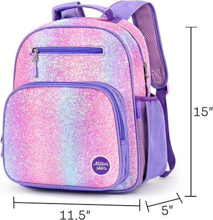 mibasies Girls Backpack 5-8: Glitter Kids Backpacks for Girls - Girl Bookbag for Elementary School - Purple